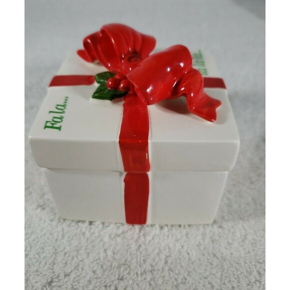 Fitz and Floyd Christmas Trinket Gift Box Bow Fa La La La La Red Green Vintage - Picture 5 of 9